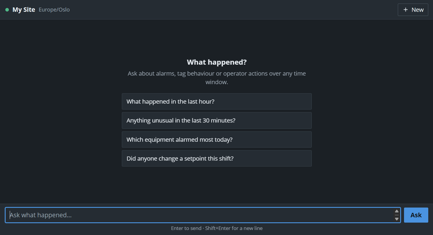 Talk With SCADA running inside Ignition: a question box headed “What happened?” with ready-made questions such as “What happened in the last hour?” and “Did anyone change a setpoint this shift?”.
